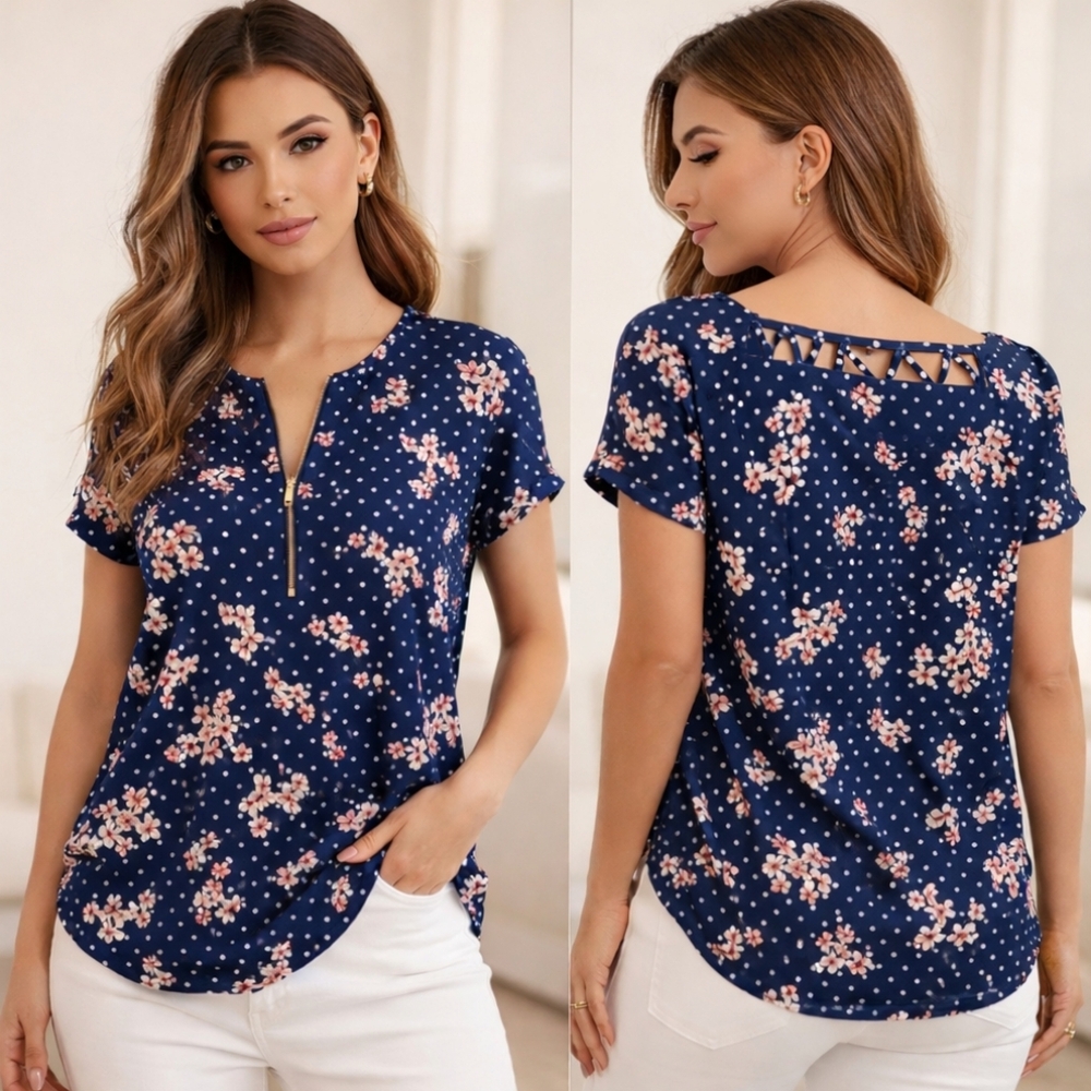 Counterparts Short Sleeve Zip Neck Blouse Navy Medium